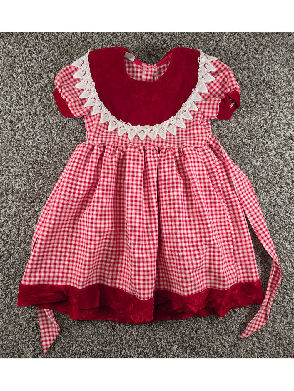 Vintage Girls Sz 7 A Line Puff Sleeve Gingham Dress Red White Velvet Bib Front
